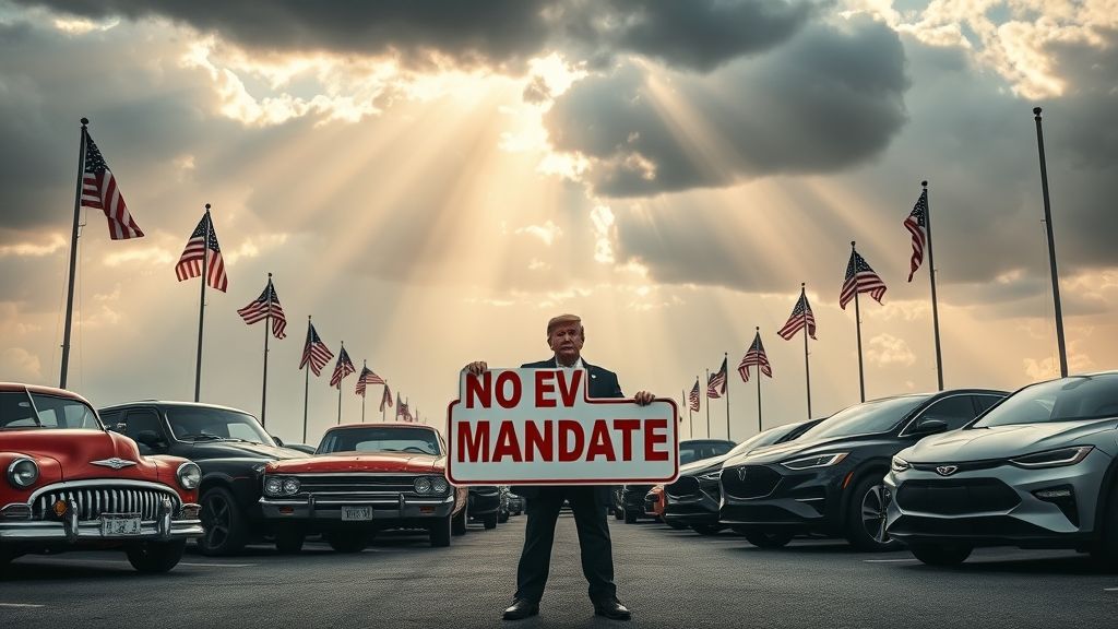Donald Trump standing in front of a row of classic American gas-powered cars and modern electric vehicles, holding a large road sign with the text "NO EV MANDATE" in bold red letters, dramatic cloudy sky with sunlight breaking through, American flags in the background