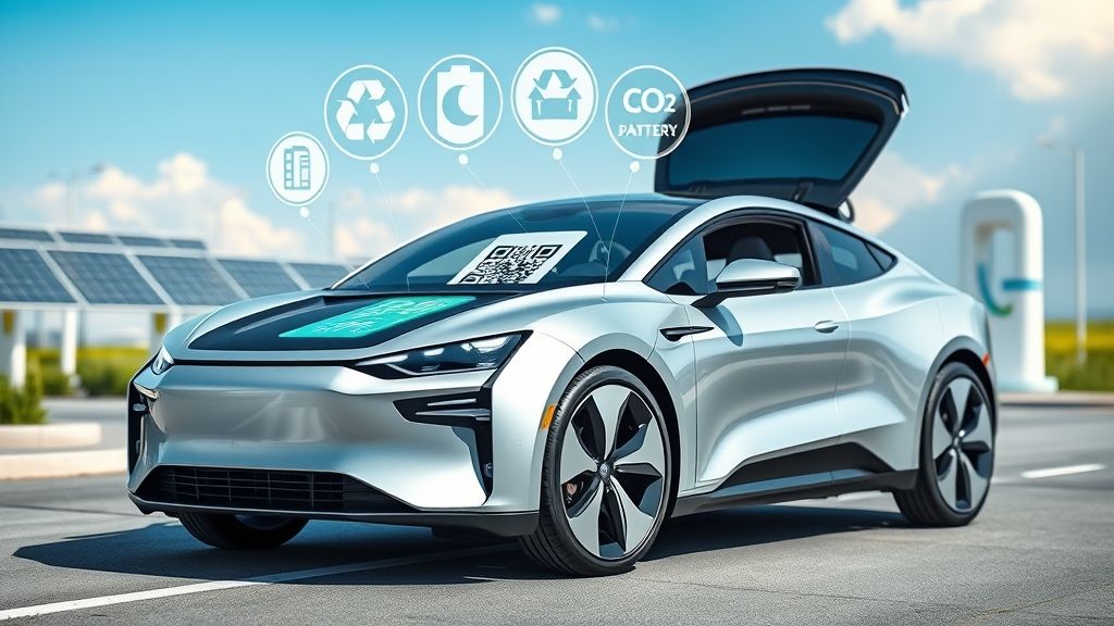 Futuristisches Elektroauto (silber) mit geöffneter Motorhaube, Batterie sichtbar, darauf ein QR-Code als Symbol für den Batteriepass. Um das Auto schweben Icons für Recycling, CO₂-Transparenz und Nachhaltigkeit. Hintergrund: moderne Stadt mit Solarpaneelen und Ladestationen.